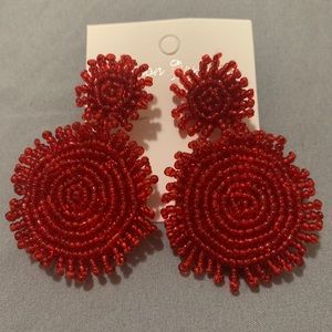 Red Beaded Burst Earrings. NEW